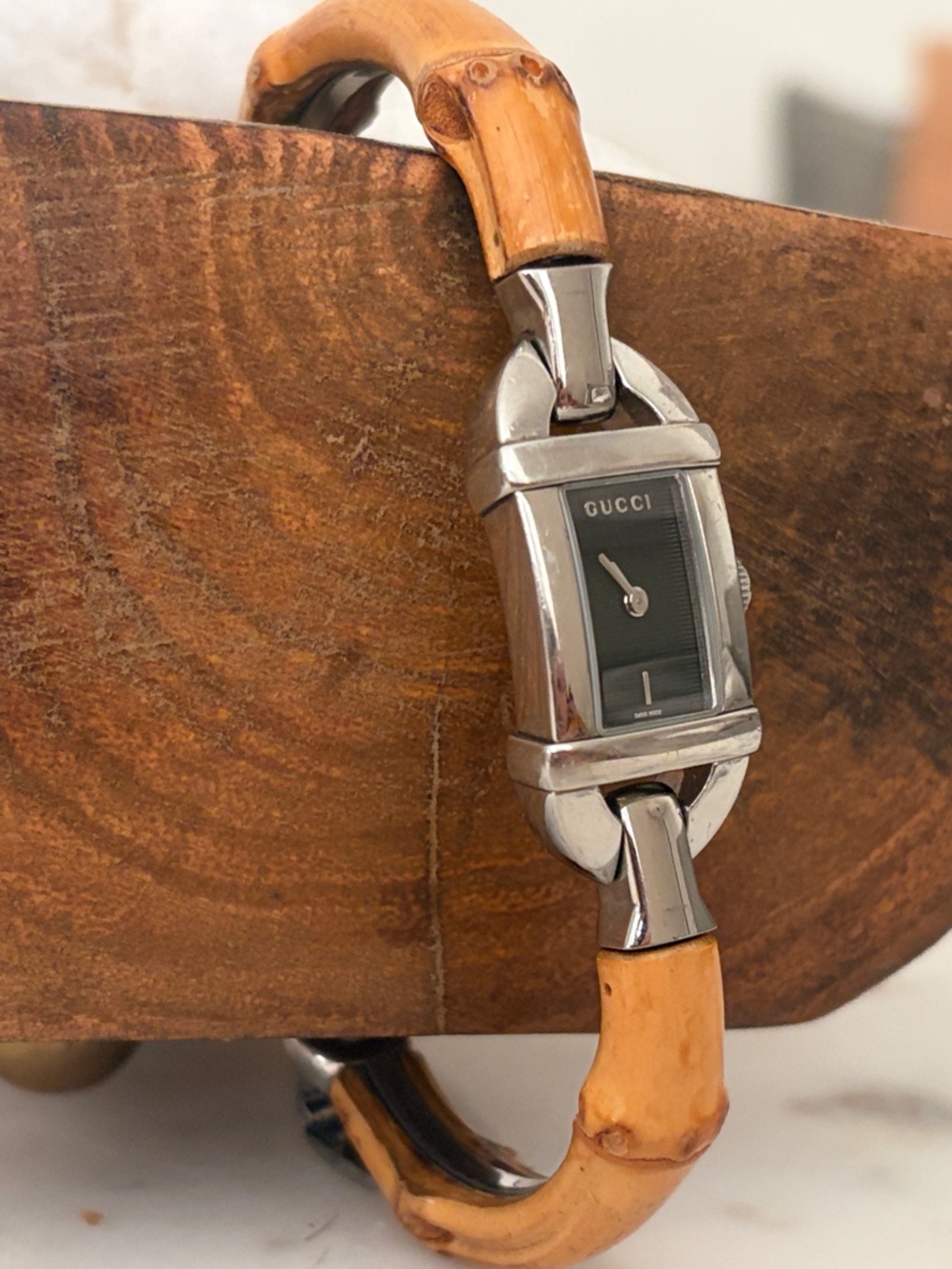 Gucci Vintage Silver Case Watch with Bamboo-Accent Bracelet